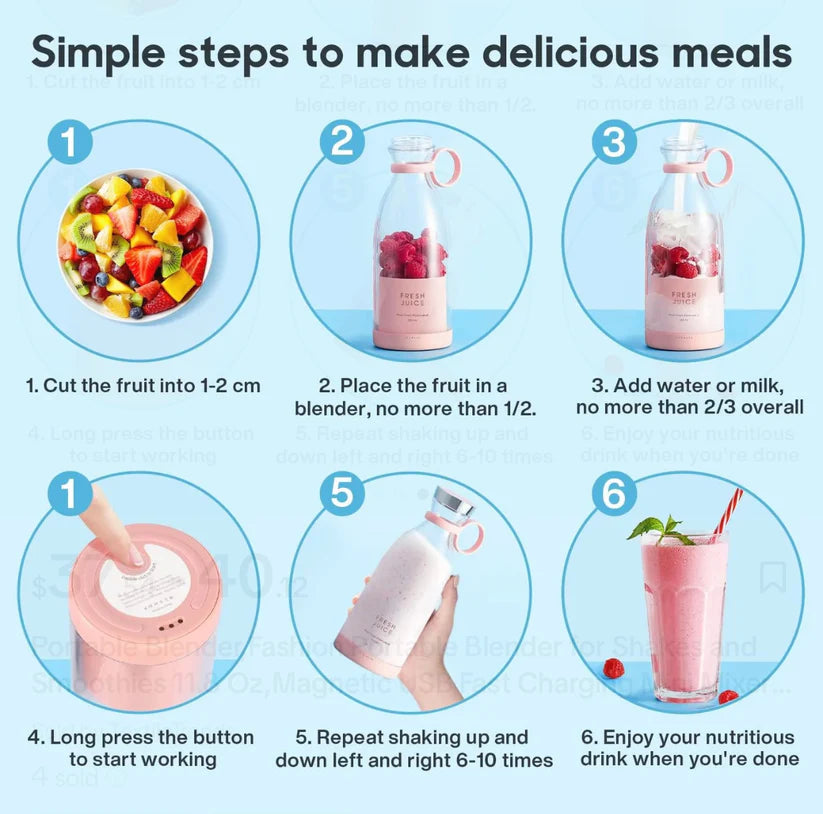 Portable Blender Smoothies Personal Blender Mini Shakes Juicer Cup USB Rechargeable.