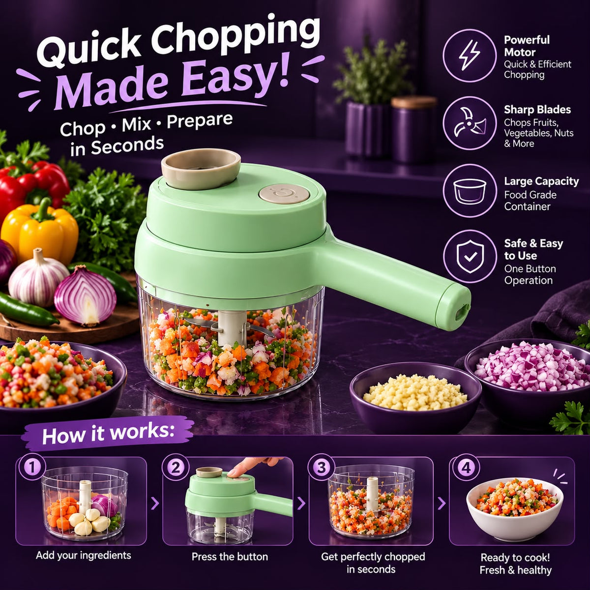 4-in-1 Electric Chopper: Effortless Chopping, Mincing & Blending in One Touch!